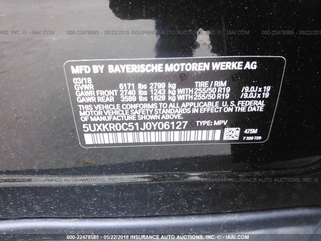 5UXKR0C51J0Y06127 - 2018 BMW X5 XDRIVE35I Қара фото 9