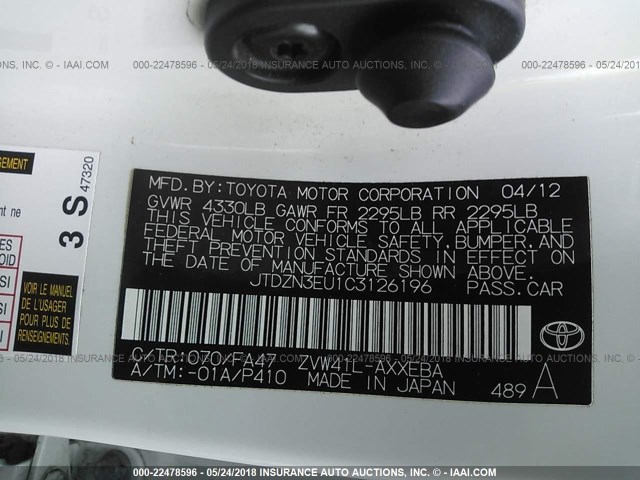 JTDZN3EU1C3126196 - 2012 TOYOTA PRIUS V WHITE photo 9