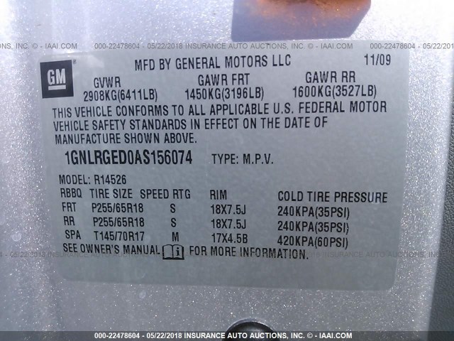 1GNLRGED0AS156074 - 2010 CHEVROLET TRAVERSE LT SILVER photo 9