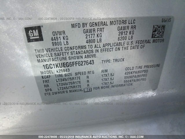 1GC1KUEG6FF627643 - 2015 CHEVROLET SILVERADO K2500 HEAVY DUTY SILVER photo 9