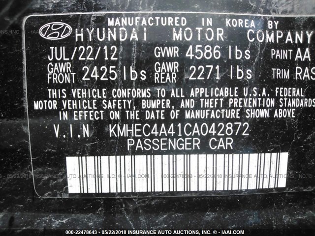 KMHEC4A41CA042872 - 2012 HYUNDAI SONATA HYBRID BLACK photo 9