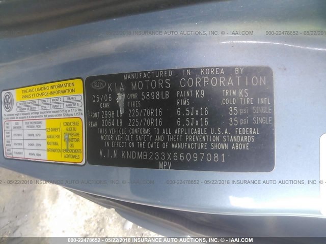 KNDMB233X66097081 - 2006 KIA SEDONA EX/LX Light Blue photo 9