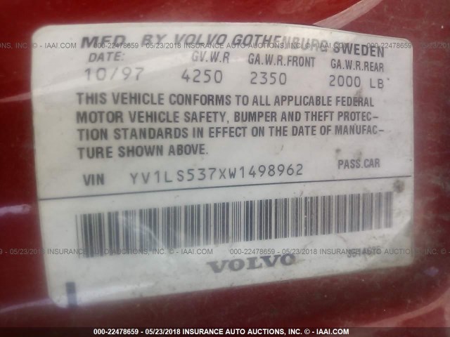 YV1LS537XW1498962 - 1998 VOLVO S70 T5 TURBO RED photo 9