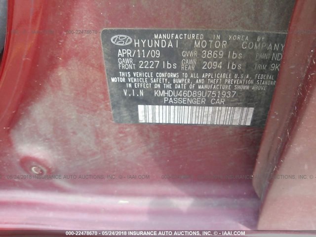 KMHDU46D89U751937 - 2009 HYUNDAI ELANTRA GLS/SE RED photo 9