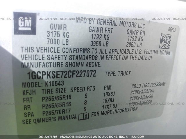 1GCPKSE72CF227072 - 2012 CHEVROLET SILVERADO K1500 LT SILVER photo 9