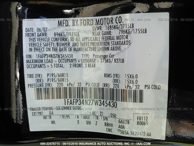 1FAFP34N27W345430 - 2007 FORD FOCUS ZX4/S/SE/SES 黑色 照片 9