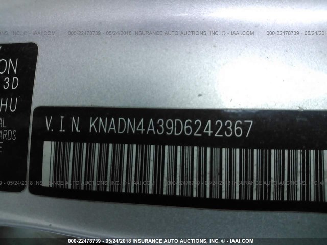 KNADN4A39D6242367 - 2013 KIA RIO EX/SX SILVER photo 9