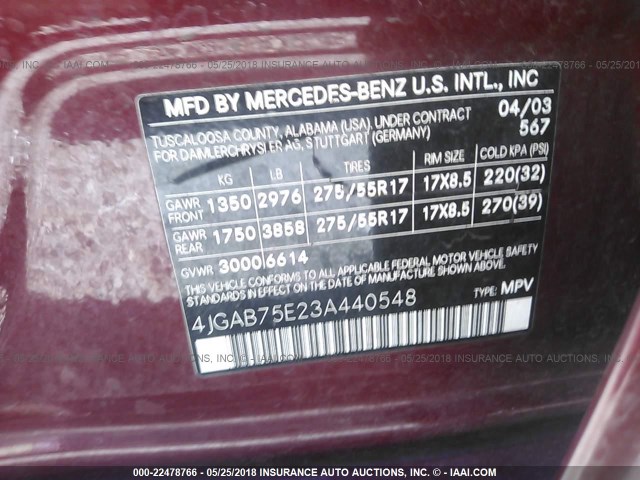 4JGAB75E23A440548 - 2003 MERCEDES-BENZ ML 500 RED photo 9