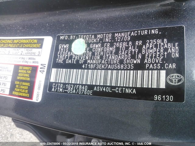 4T1BF3EK7AU568335 - 2010 TOYOTA CAMRY SE/LE/XLE 灰色 照片 9