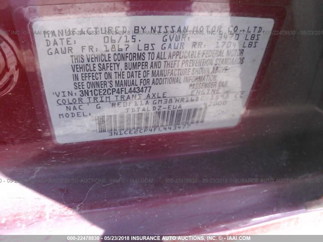 3N1CE2CP4FL443477 - 2015 NISSAN VERSA NOTE S/S PLUS/SV/SL/SR RED photo 9
