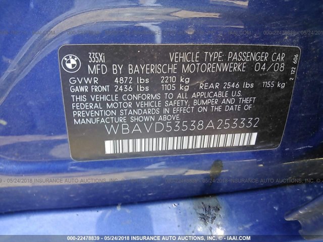 WBAVD53538A253332 - 2008 BMW 335 XI BLUE photo 9