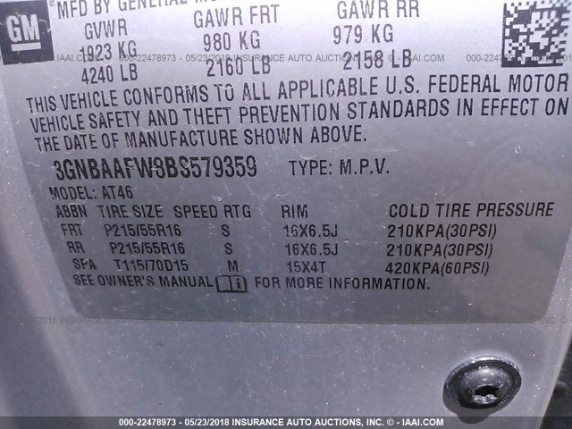 3GNBAAFW8BS579359 - 2011 CHEVROLET HHR LS ვერცხლისფერი ფოტო 9