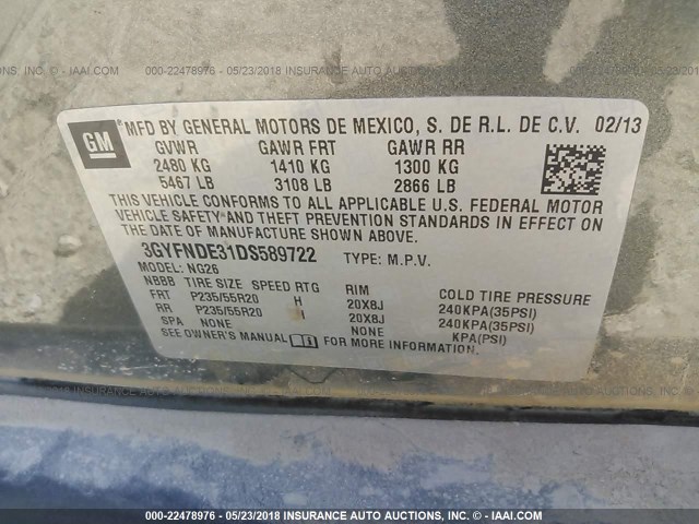 3GYFNDE31DS589722 - 2013 CADILLAC SRX PERFORMANCE COLLECTION Сұр фото 9