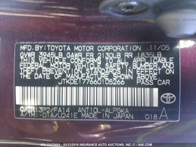 JTKDE177660105266 - 2006 TOYOTA SCION TC PURPLE photo 9