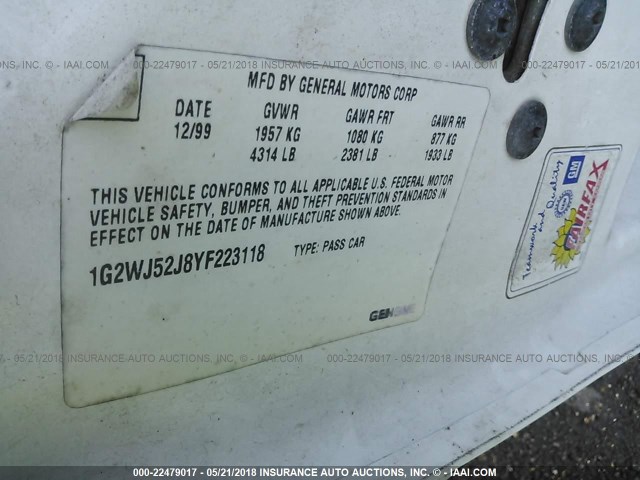 1G2WJ52J8YF223118 - 2000 PONTIAC GRAND PRIX SE 白色 照片 9