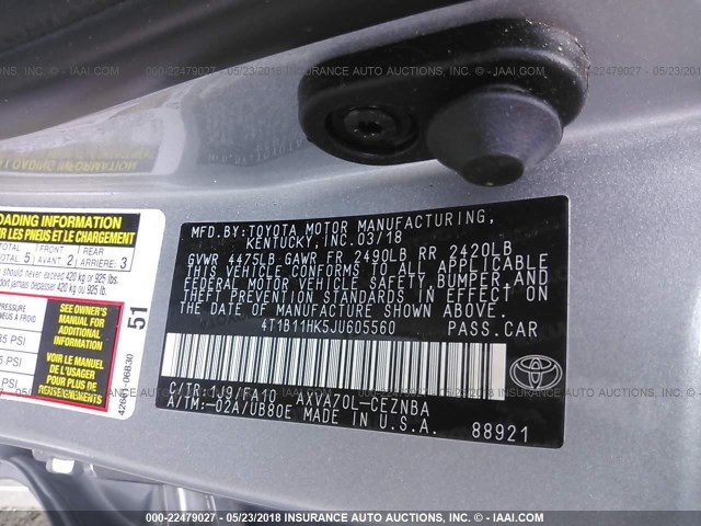 4T1B11HK5JU605560 - 2018 TOYOTA CAMRY L/LE/XLE/SE/XSE SILVER photo 9