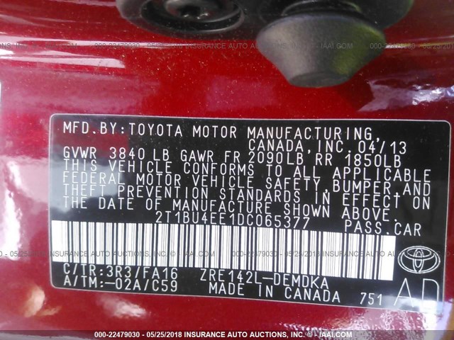 2T1BU4EE1DC065377 - 2013 TOYOTA COROLLA S/LE RED photo 9
