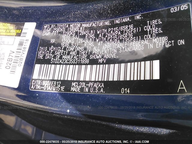 5TDZA23C35S311898 - 2005 TOYOTA SIENNA CE/LE BLUE photo 9