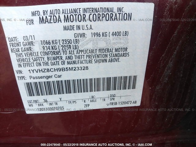 1YVHZ8CH9B5M23328 - 2011 MAZDA 6 I RED photo 9