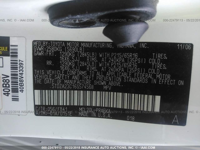 5TDZA23C16S574568 - 2006 TOYOTA SIENNA CE/LE WHITE photo 9