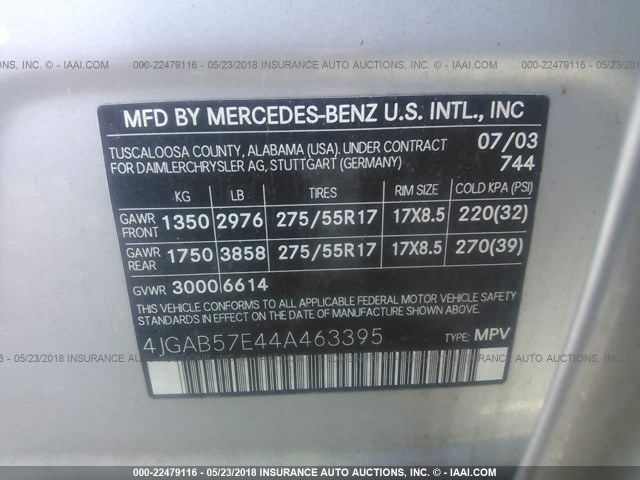 4JGAB57E44A463395 - 2004 MERCEDES-BENZ ML 350 SILVER photo 9