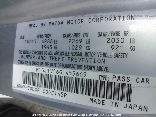 JM1GJ1V56G1455669 - 2016 MAZDA 6 TOURING SILVER photo 9