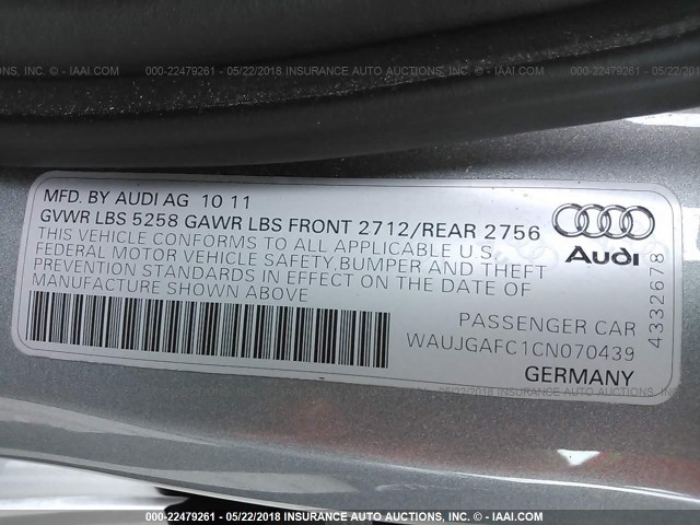 WAUJGAFC1CN070439 - 2012 AUDI A6 PRESTIGE ვერცხლისფერი ფოტო 9