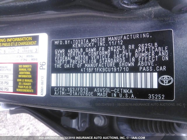 4T1BF1FK9CU191710 - 2012 TOYOTA CAMRY SE/LE/XLE GRAY photo 9