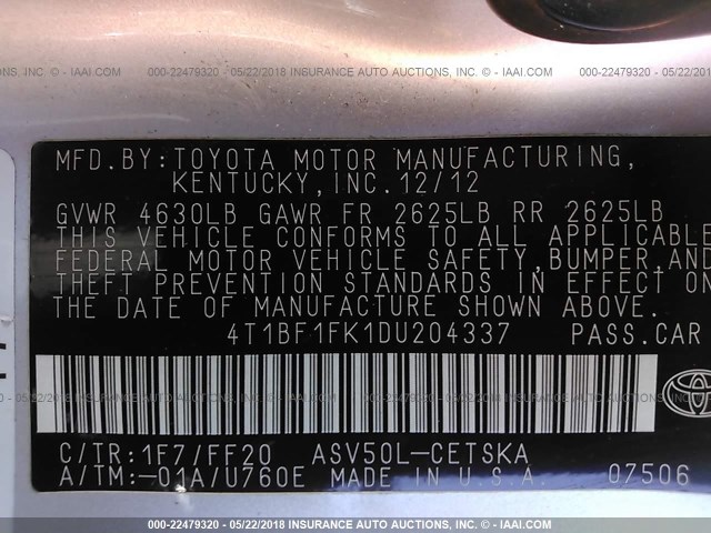 4T1BF1FK1DU204337 - 2013 TOYOTA CAMRY L/SE/LE/XLE 银色 照片 9