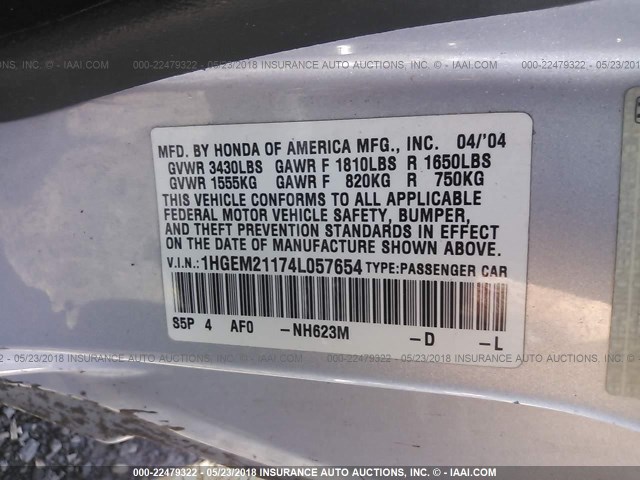 1HGEM21174L057654 - 2004 HONDA CIVIC DX VP SILVER photo 9