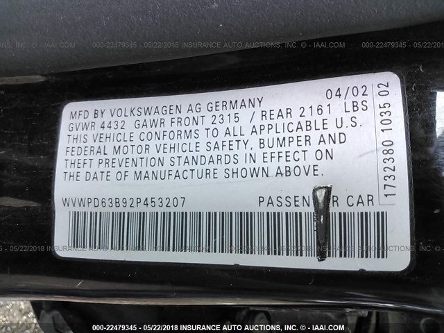 WVWPD63B92P453207 - 2002 VOLKSWAGEN PASSAT GLS BLACK photo 9