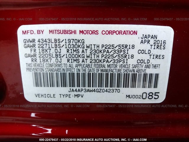 JA4AP3AW4GZ042370 - 2016 MITSUBISHI OUTLANDER SPORT ES/SE RED photo 9