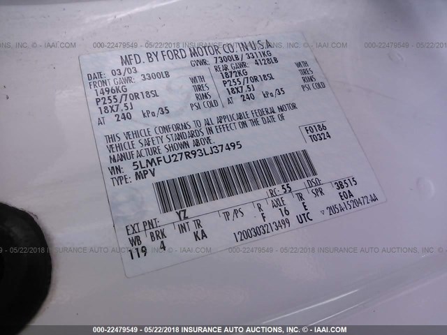 5LMFU27R93LJ37495 - 2003 LINCOLN NAVIGATOR WHITE photo 9