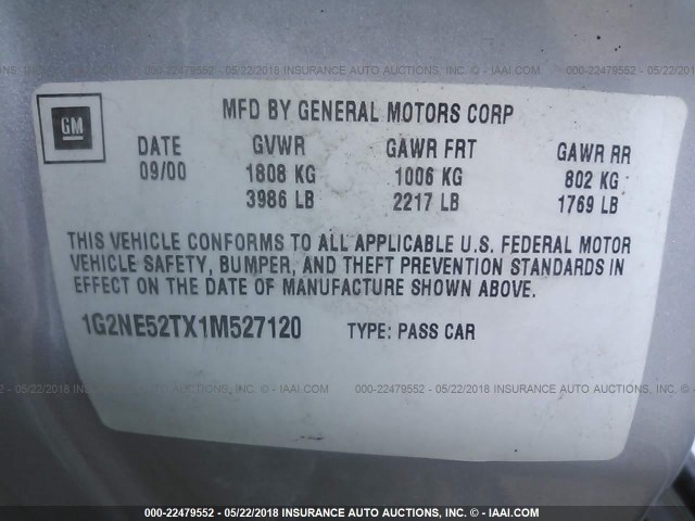 1G2NE52TX1M527120 - 2001 PONTIAC GRAND AM SE SILVER photo 9