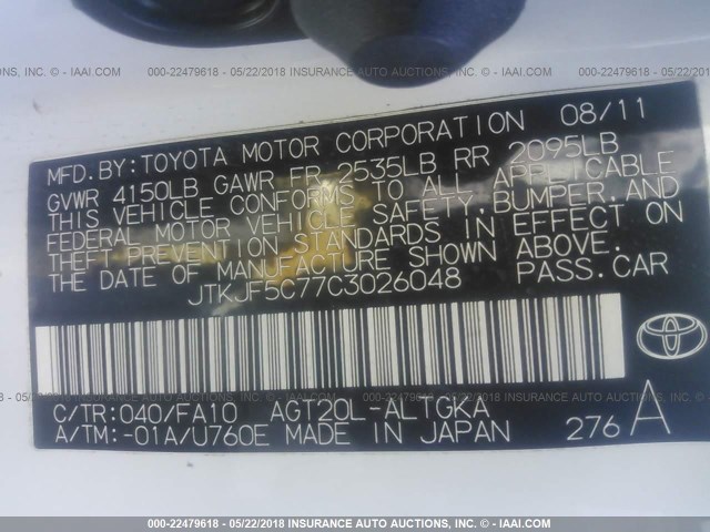 JTKJF5C77C3026048 - 2012 TOYOTA SCION TC 白色 照片 9