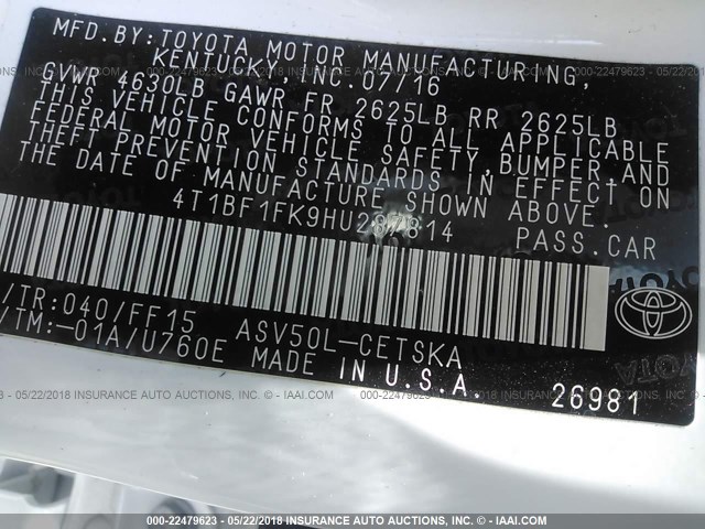 4T1BF1FK9HU287814 - 2017 TOYOTA CAMRY LE/XLE/SE/XSE WHITE photo 9