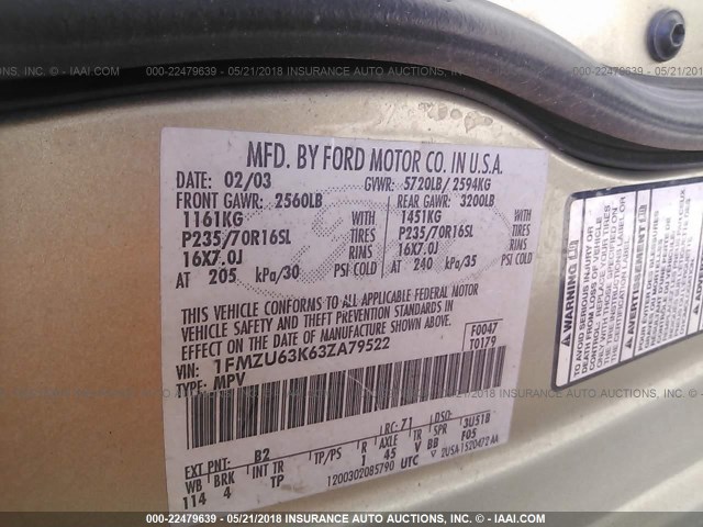 1FMZU63K63ZA79522 - 2003 FORD EXPLORER XLT/XLT SPORT/NBX GOLD photo 9