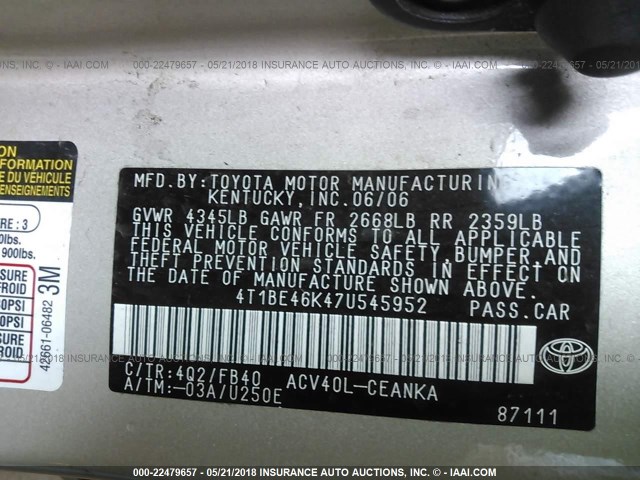 4T1BE46K47U545952 - 2007 TOYOTA CAMRY NEW GENERAT CE/LE/XLE/SE BROWN photo 9