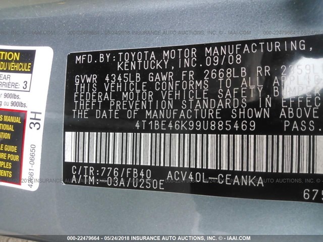 4T1BE46K99U885469 - 2009 TOYOTA CAMRY SE/LE/XLE ტალღისფერი ფოტო 9