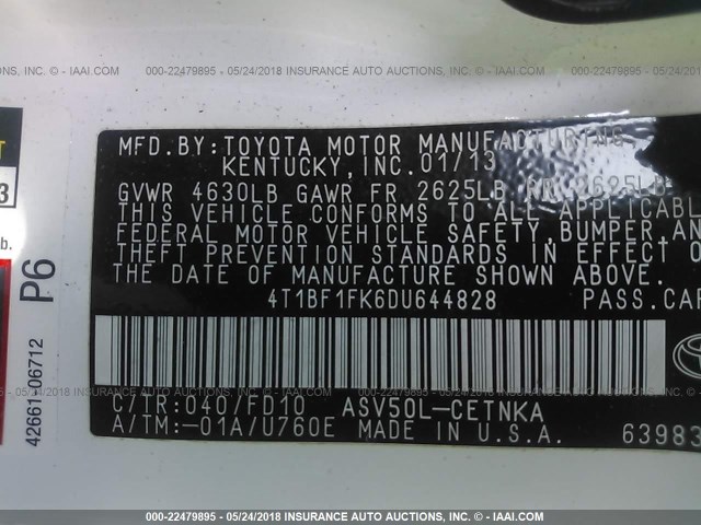 4T1BF1FK6DU644828 - 2013 TOYOTA CAMRY L/SE/LE/XLE 白色 照片 9