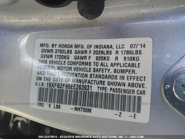 19XFB2F95EE263931 - 2014 HONDA CIVIC EXL SILVER photo 9