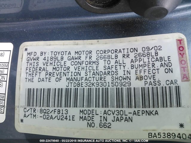 JTDBE32K930150929 - 2003 TOYOTA CAMRY LE/XLE BLUE photo 9