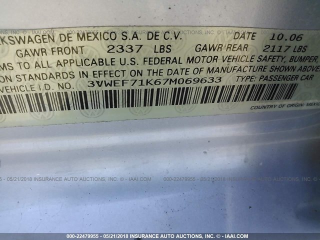 3VWEF71K67M069633 - 2007 VOLKSWAGEN JETTA WOLFSBURG 灰色 照片 9