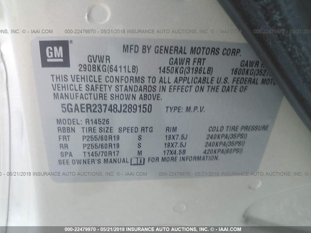 5GAER23748J289150 - 2008 BUICK ENCLAVE CXL შამპანური ფოტო 9