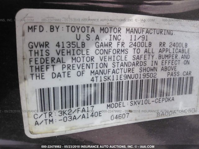 4T1SK11E9NU019502 - 1992 TOYOTA CAMRY DLX 紫色 照片 9