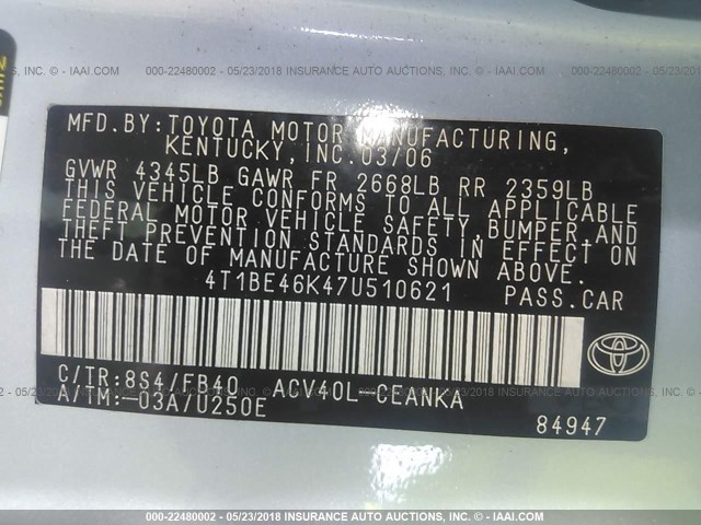 4T1BE46K47U510621 - 2007 TOYOTA CAMRY NEW GENERAT CE/LE/XLE/SE Light Blue photo 9