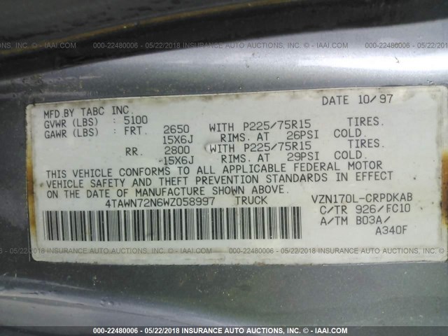 4TAWN72N6WZ058997 - 1998 TOYOTA TACOMA XTRACAB GRAY photo 9