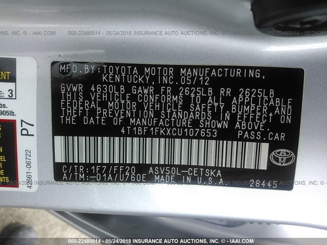 4T1BF1FKXCU107653 - 2012 TOYOTA CAMRY SE/LE/XLE SILVER photo 9