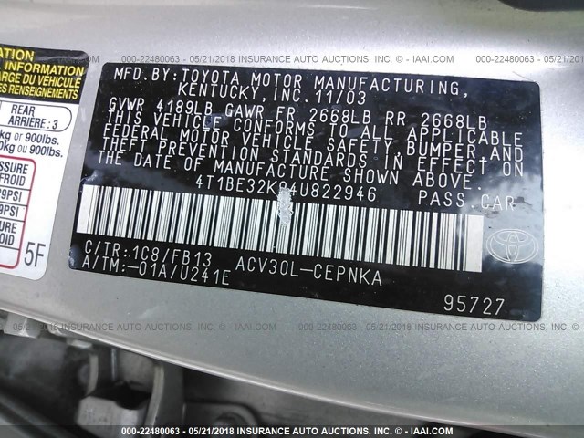 4T1BE32K94U822946 - 2004 TOYOTA CAMRY LE/XLE/SE ვერცხლისფერი ფოტო 9