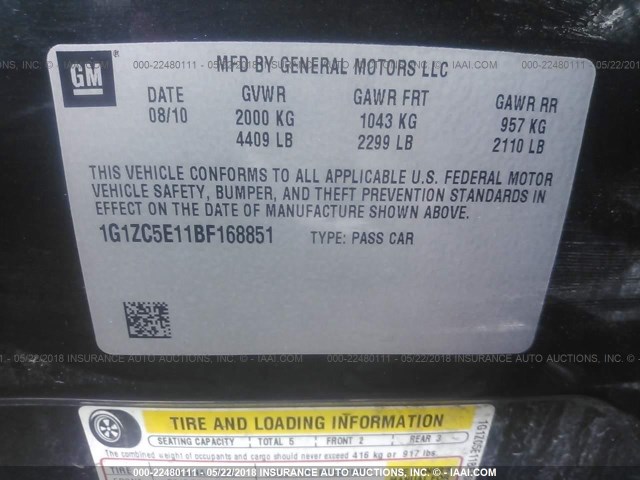 1G1ZC5E11BF168851 - 2011 CHEVROLET MALIBU 1LT 黑色 照片 9